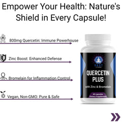 Quercetin Plus detailing benefits for immune support, inflammation control, and vegan, non-GMO ingredients.