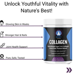 VAST Vitamins Collagen featuring benefits for skin, hair, nails, joint health, and a quality assurance seal.