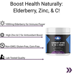 Promotional graphic for Elderberry Defense with benefits like 1000mg elderberry, high zinc and vitamin C content, non-GMO, gluten-free, and lab-tested quality assurances.