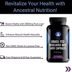  Grass-Fed Beef Liver Capsules, with health claims of enhanced vitality and muscle health, fast shipping, and satisfaction guarantee.