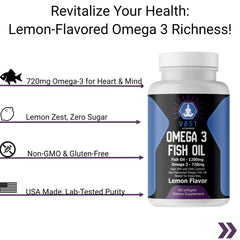 Omega-3 Fish Oil softgels with health claims for heart and mind, highlighting lemon flavor and no sugar.