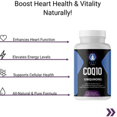  COQ10 Ubiquinone capsules, featuring benefits for heart health, energy, and cellular support.