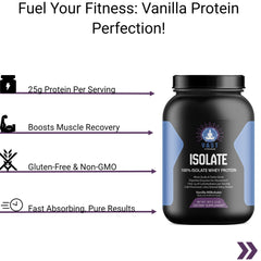 Promotional image for VAST ISOLATE whey protein emphasizing benefits like muscle recovery, gluten-free and non-GMO attributes.