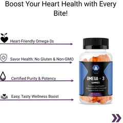 r heart-friendly Omega-3 gummies, highlighting gluten-free, non-GMO formula and easy wellness boost.
