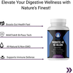  Probiotic-40 40 Billion, highlighting fast gut health boost, natural ingredients, and immune support.