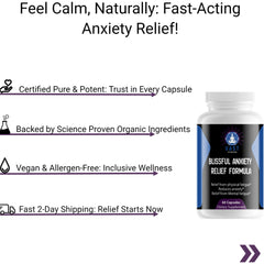  anxiety relief capsules emphasizing purity, potency, vegan ingredients, and fast shipping.