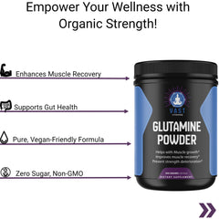  VAST Vitamins Glutamine Powder showcasing the product's benefits for wellness, recovery, and gut health.