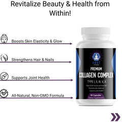 VAST Vitamins Premium Collagen Complex, emphasizing skin, hair, nails, and joint support, non-GMO formula.