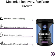 VAST Vitamins BCAA SHOCK Fruit Punch detailing enhanced muscle recovery, no added sugar, and all-natural ingredients.