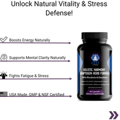 VAST Adaptogen Herb Formula dietary supplement bottle showcasing benefits for mental clarity and vitality.
