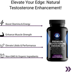 VAST Vitamins Premium Testosterone Enhancer, highlighting increased stamina, muscle strength, and organic ingredients.