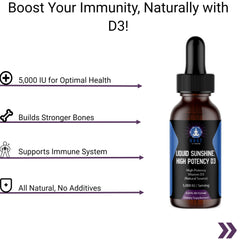 VAST Vitamins Liquid Sunshine High Potency D3 featuring bottle, health benefits like bone strength and immune support, and 5,000 IU concentration