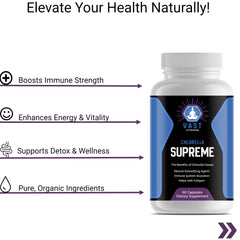 Chlorella Supreme capsules focusing on immune strength, detox, and wellness benefits.