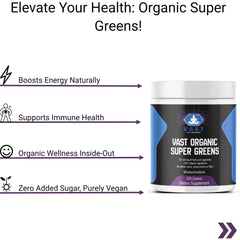 VAST Organic Super Greens highlighting natural energy boost and vegan qualities.