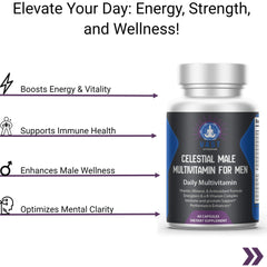Graphic showcasing benefits of Celestial Male Multivitamin, like energy boost and immune support.