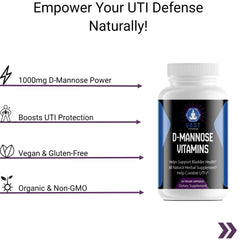 D-Mannose vitamins highlighting 1000mg dosage and health benefits.