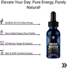  VAST Vitamins Energy Booster Plus B-12 Drops emphasizing natural energy boost and health benefits.