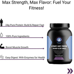 VAST Ultimate Whey Protein with health benefits, 24g protein content, and 100% pure ingredients.