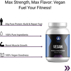 VAST Vegan Vanilla Milkshake Protein with health benefits icons and product image.