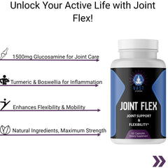 r Joint Flex capsules, detailing glucosamine for joint care and natural anti-inflammatory ingredients.