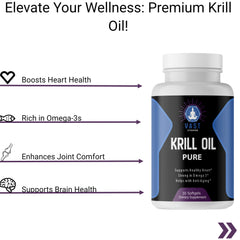 Krill Oil softgels, highlighting benefits for heart health, joint comfort, and brain support