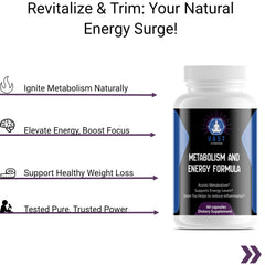 Metabolism and Energy Formula capsules, detailing natural metabolism boost and energy benefits.