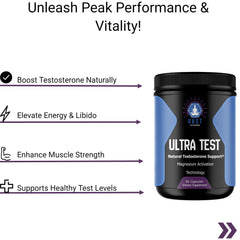 VAST Ultra Test testosterone support highlighting benefits like boosting testosterone, enhancing muscle strength, and supporting healthy testosterone levels