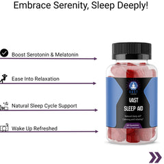 Infographic showing benefits of VAST Sleep Aid gummies, including serotonin boost and natural sleep cycle support.